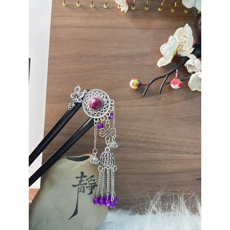 K88双钗紫色流苏气质百搭时尚15公分发簪