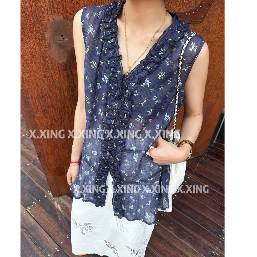 X.x.韩版夏季度假风新款森系淑女碎花背心V领单排扣上衣C32-8871