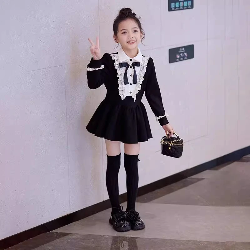 女童赫本风连衣裙春秋装2025新款儿童学院风小女孩公主气质小黑裙