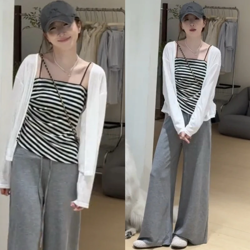 今年流行夏季爆款时尚三件套女装条纹吊带背心+防晒开衫+阔腿长裤