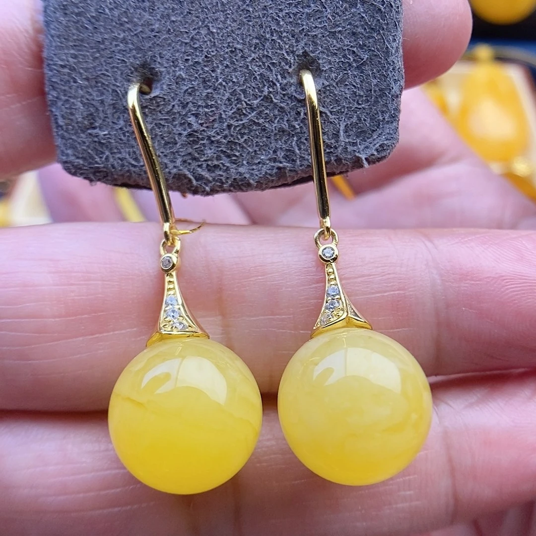 银S925镀金镶嵌琥珀耳饰