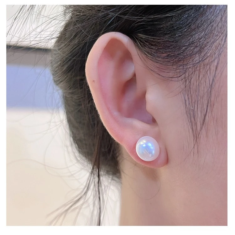 小石头珍珠耳钉9mm10mm无核天然淡水巴洛克S925通体纯银百搭经典