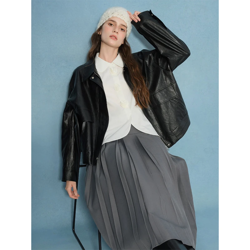 独束大码【琥珀流光】复古酷飒风黑色皮衣外套女棕色皮夹25DS83089