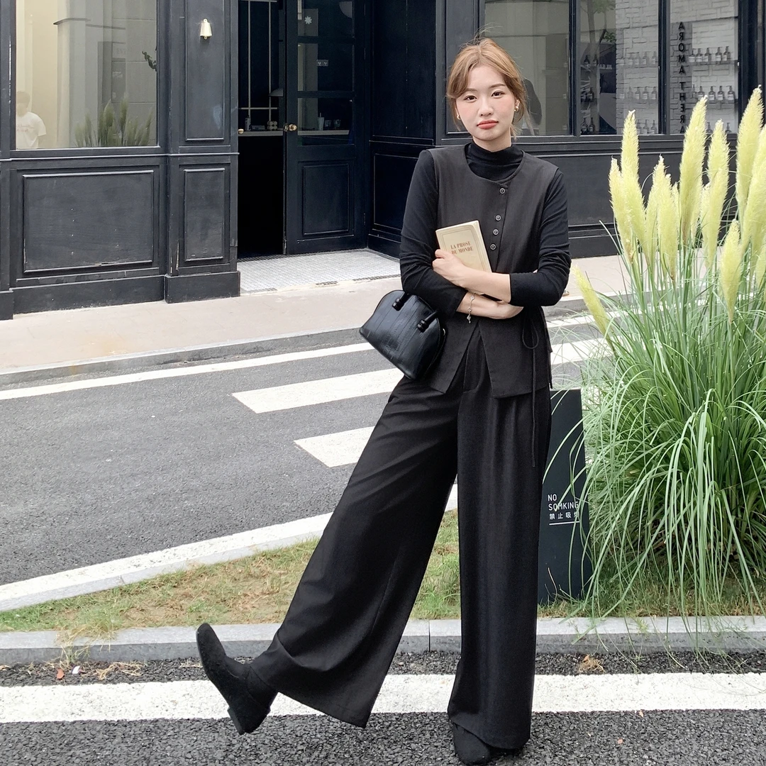 套装网红法式轻熟风黑色马甲三件套女2025秋季新款感老钱风阔腿裤