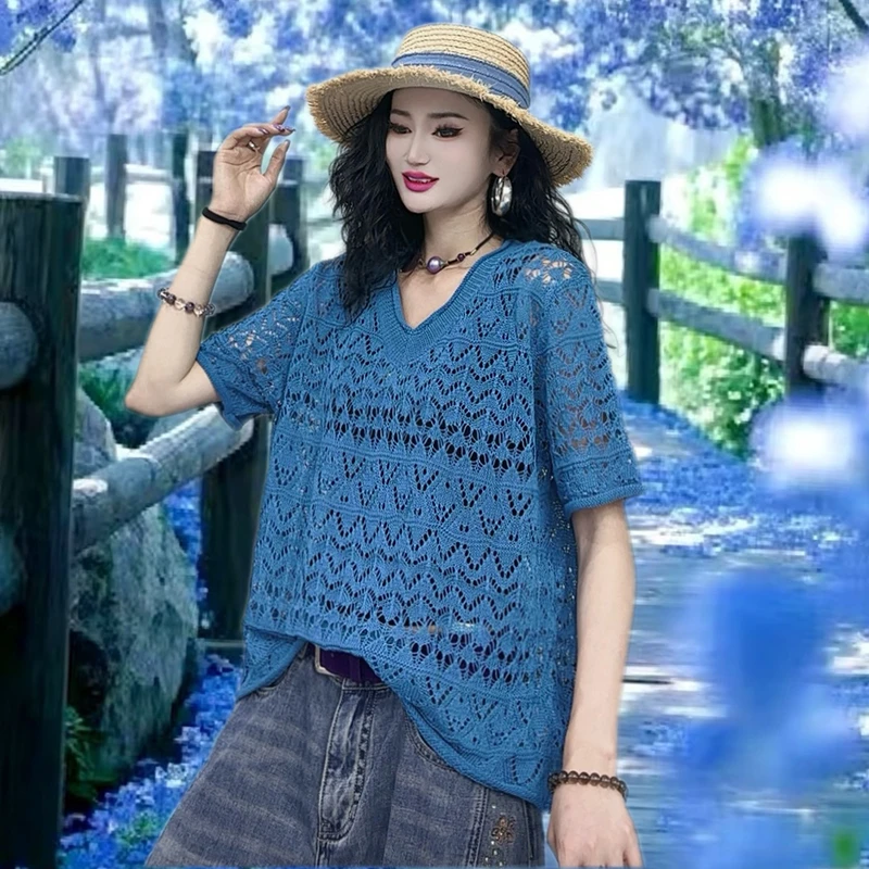 慵懒风宽松型镂空套头款针织衫女夏季薄款百搭女装洋气上衣-9695