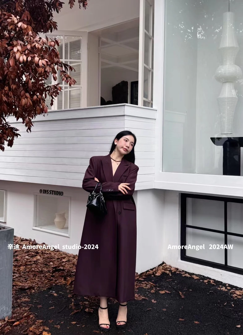 春秋款轻奢网红辛迪家长款安哥拉红收腰双面百搭气质重工大衣外套