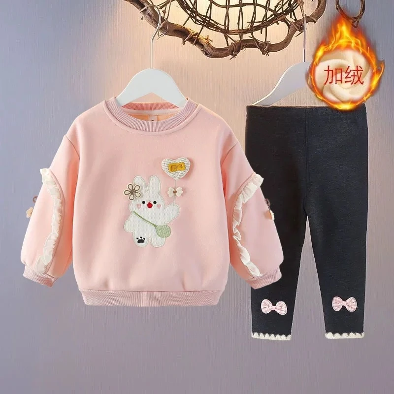 新款女童加绒加厚卫衣两件套秋冬装薄绒女宝宝上衣儿童女套装1岁2