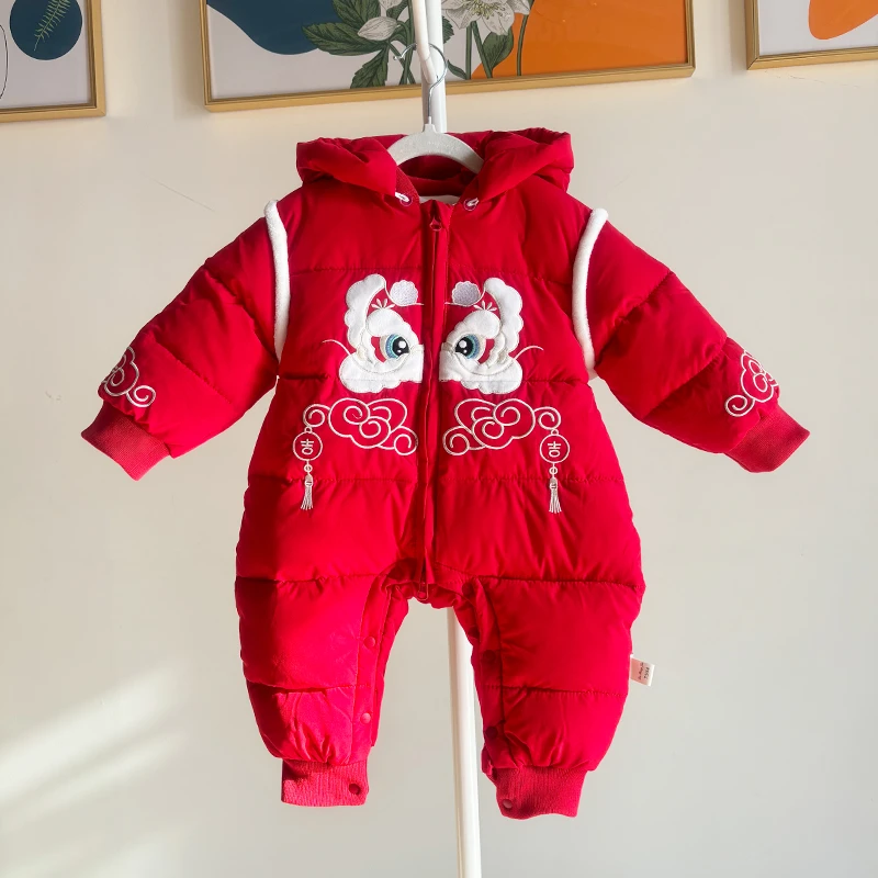 宝宝年服红色加厚冬季连帽男女童保暖连身衣长袖拉链拜年服中国风