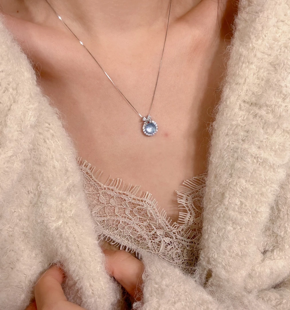 A02 925银项链在逃公主海蓝宝镶嵌吊坠（含万能链）