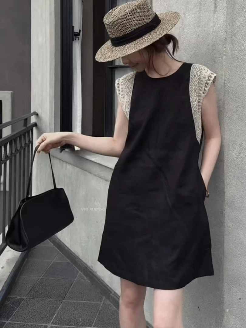 2025夏季新款无袖拼接双层蕾丝花边连衣裙--0109