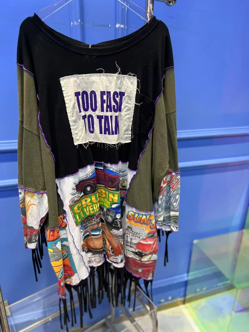 G00045 长袖时尚休闲百搭女士春季设计师拼接宽松个性圆领衬衣