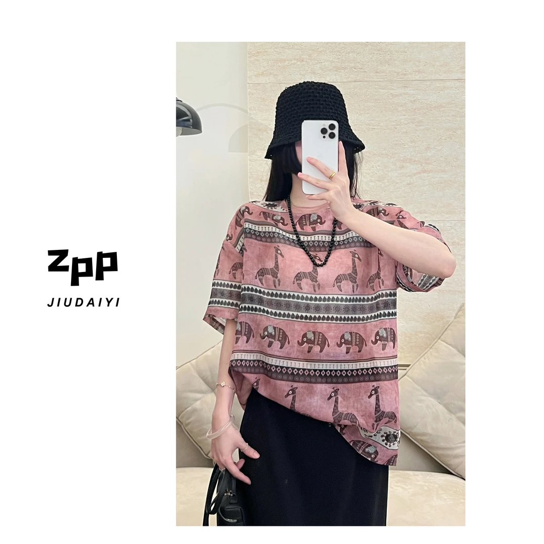 玖黛衣【图腾】新款夏季圆领复古印花百搭显瘦短袖TXP41236