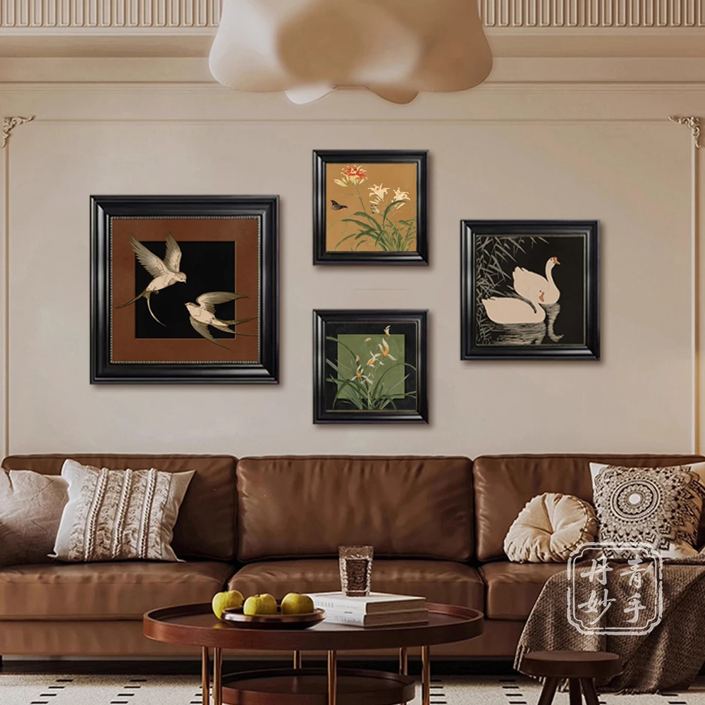 春意盎然中古风复古客厅组合装饰画沙发背景墙卧室玄关餐厅挂画