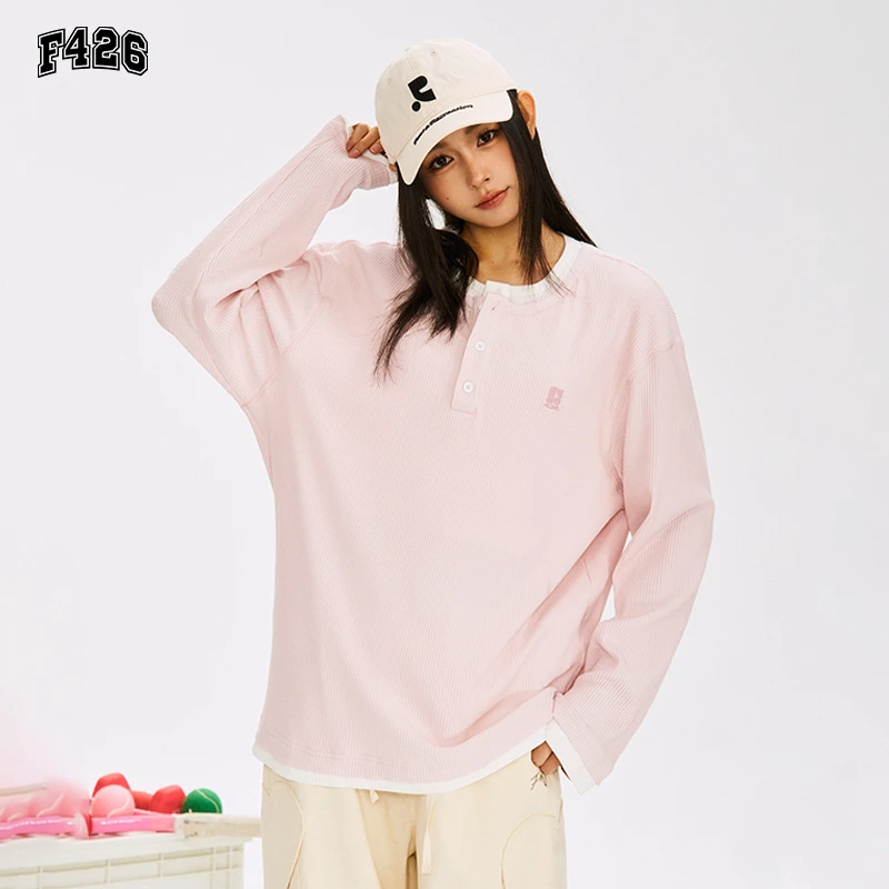 F426国潮情侣凸绣小标假两件长袖T恤宽松百搭6568