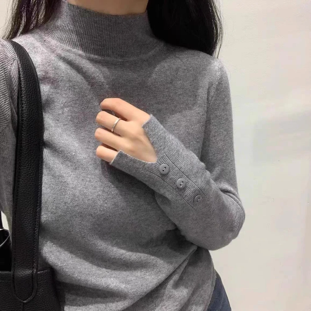 灰色半高领软糯套头针织衫女秋冬大码胖mm修身遮肉内搭打底衫上衣