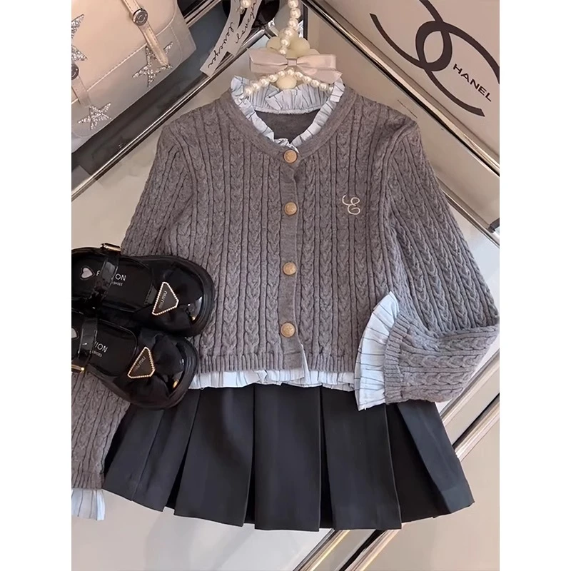 女童小香风套装春秋2025新款儿童春装中大童毛衣开衫百褶裙两件套