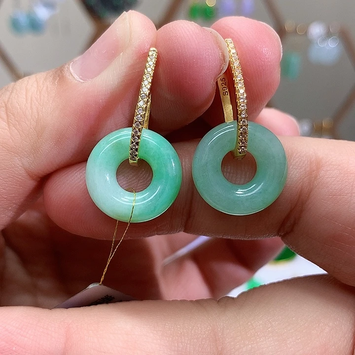 银S925镶嵌翡翠耳饰天然翡翠耳饰