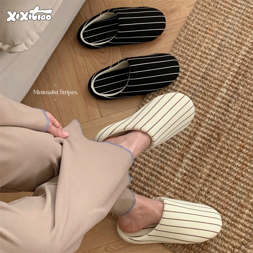 细细条 时尚条纹软底防滑月子鞋棉麻拖鞋春夏男女情侣居家地板鞋