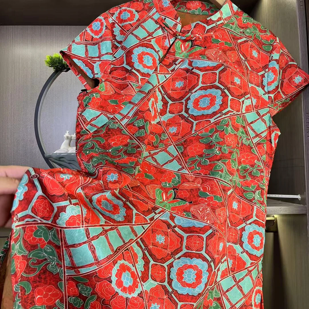 （繁花红）2025年夏季新款爆款短袖开叉盘扣复古国风时尚提花上衣