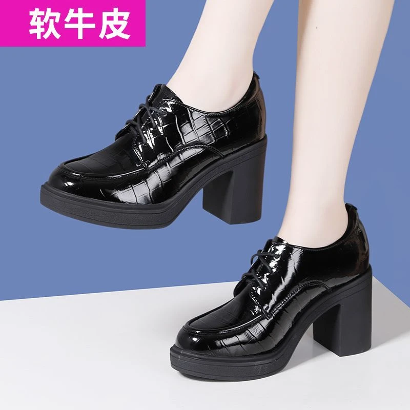 春秋新款真皮模特走秀高跟鞋粗跟厚底高跟鞋女2025爆款洋气