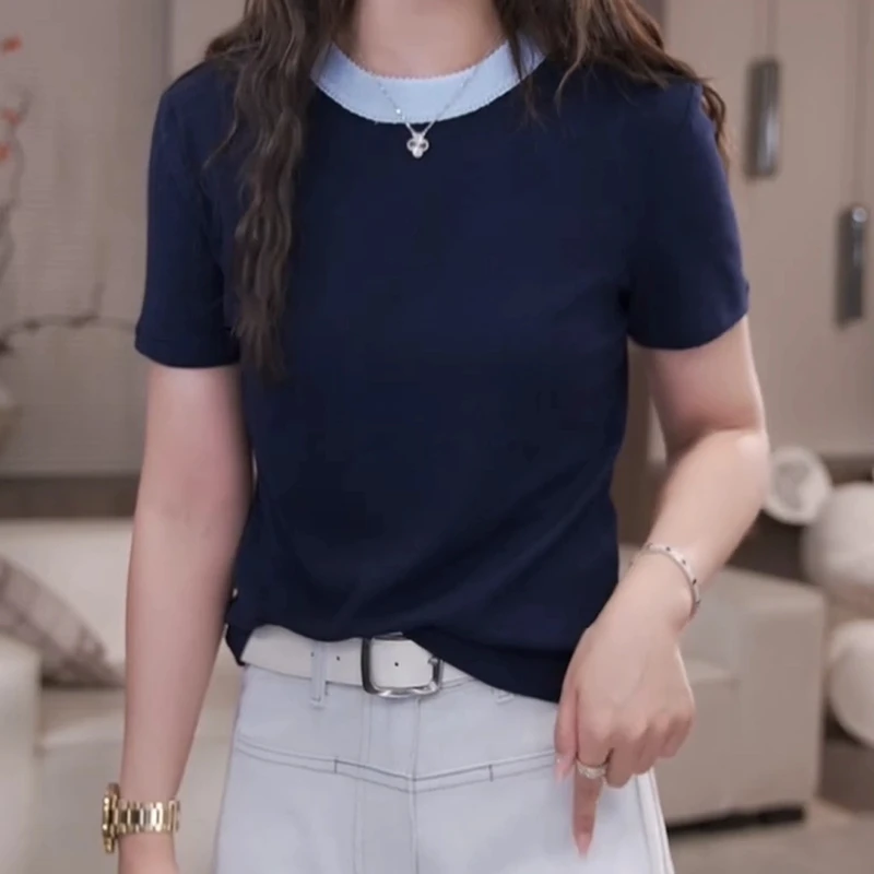 春季上新时尚休闲气质百搭设计感显瘦春夏纯色简约圆领打底T恤