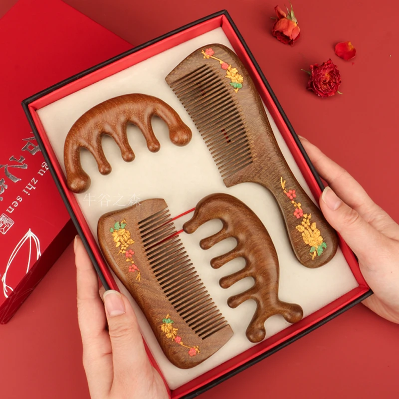 檀木蝴蝶对梳雕花长发梳宽齿美鼻按摩梳子礼盒套装结婚礼物伴手礼