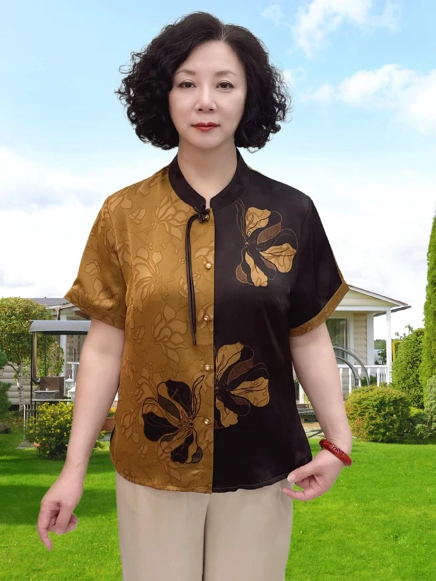 春夏季国风贵气妈妈装ab花型洋气时尚复古印花中年宽松大码