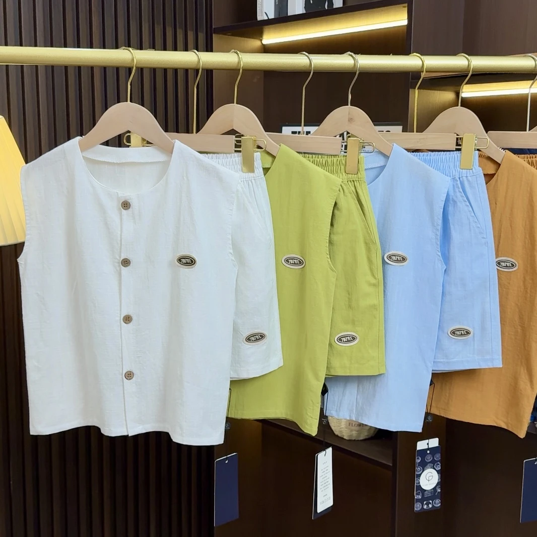 儿童背心套装薄款2025夏季新款棉麻凉感透气休闲五分裤两件套2057