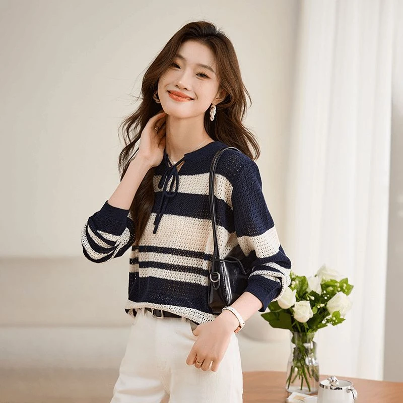 20252025秋新款韩版条纹套头毛衣女半开领甜美风宽松长袖上衣新款