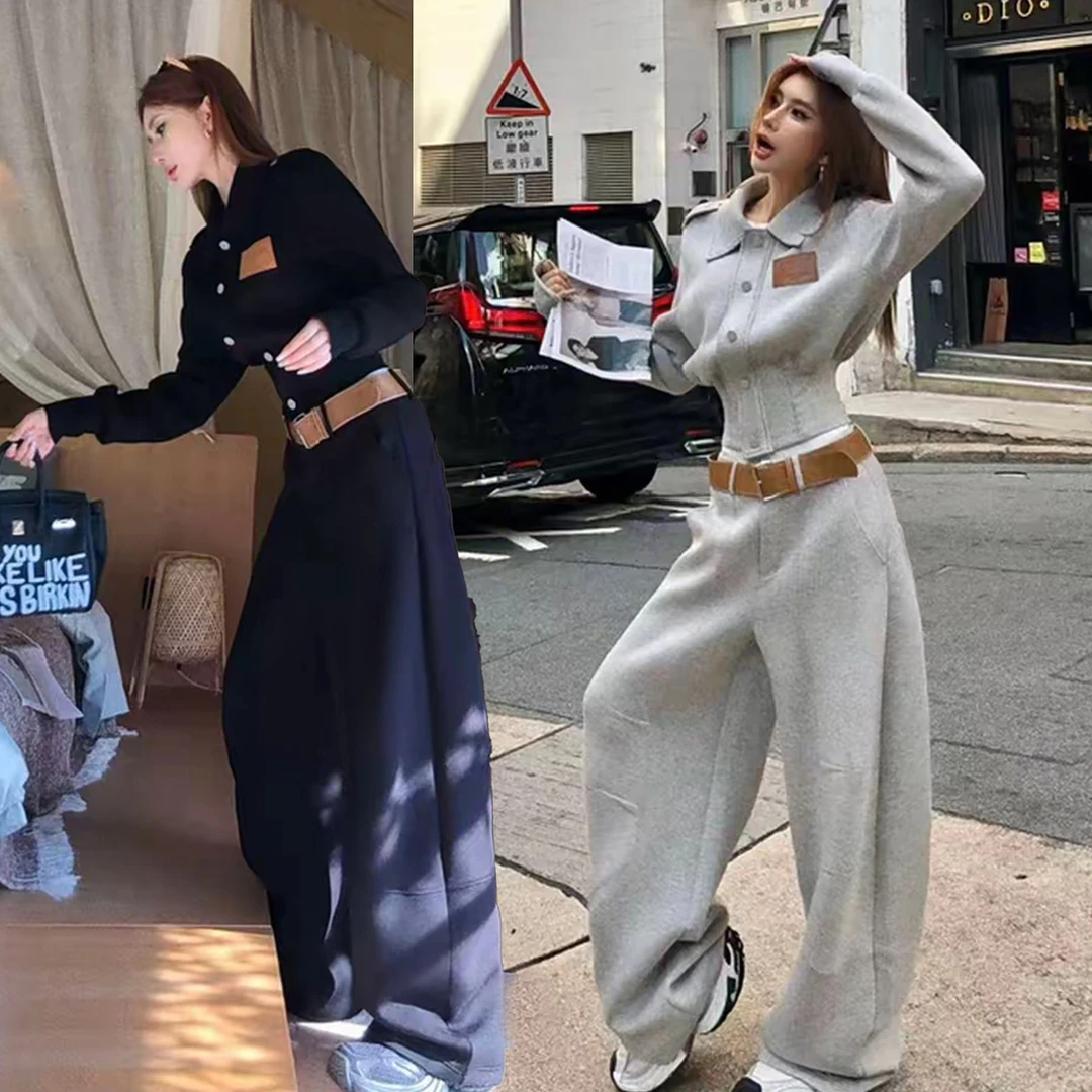 潮流个性休闲运动套装女2025春秋季新款复古收腰外套+阔腿弯刀裤