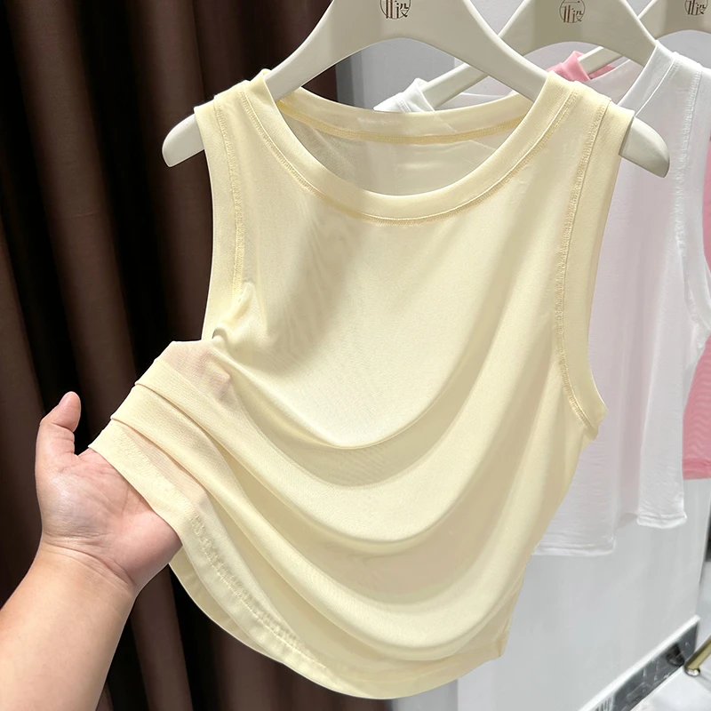 杏色网纱微透圆领背心吊带女2025新款爆款冰丝薄款小坎肩外穿上衣