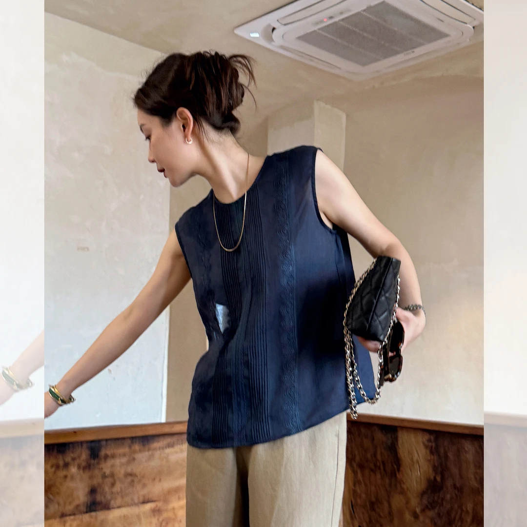 莉贝琳sisy42s苎麻小衫复古蕾丝无袖圆领宽松显瘦上衣S25106LS09