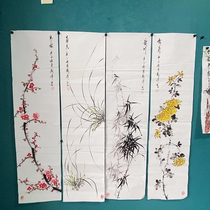 国画手绘花鸟四条屏