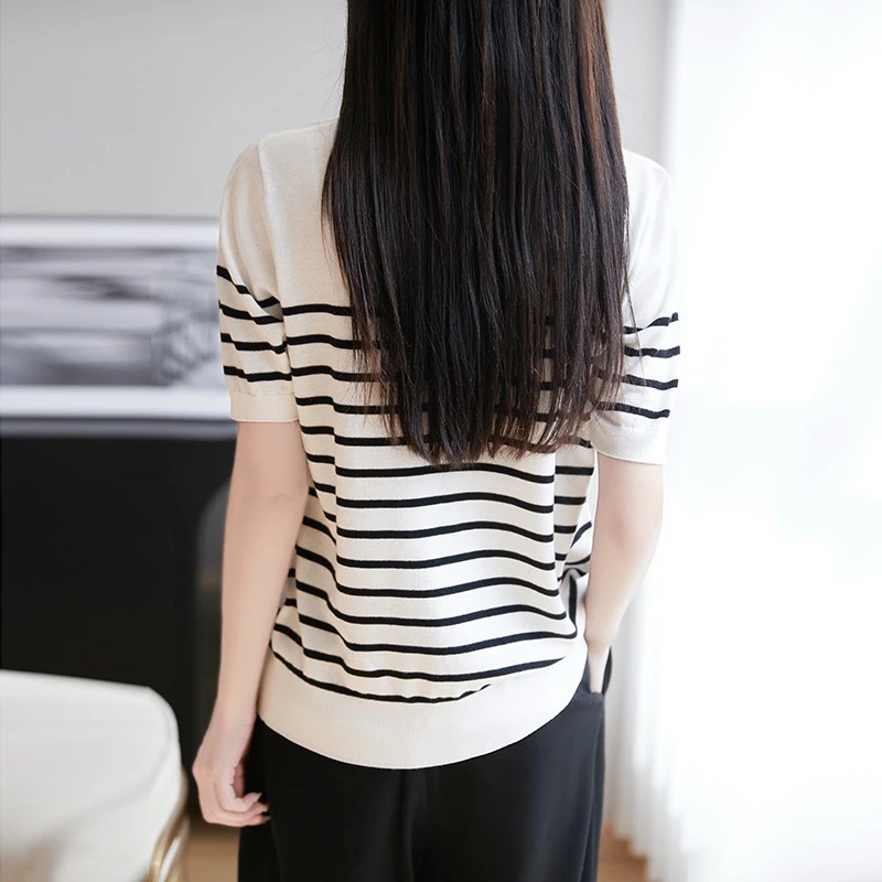 桑蚕丝+精纺羊毛针织衫薄款夏季短袖女黑白条纹圆领宽松百搭显瘦