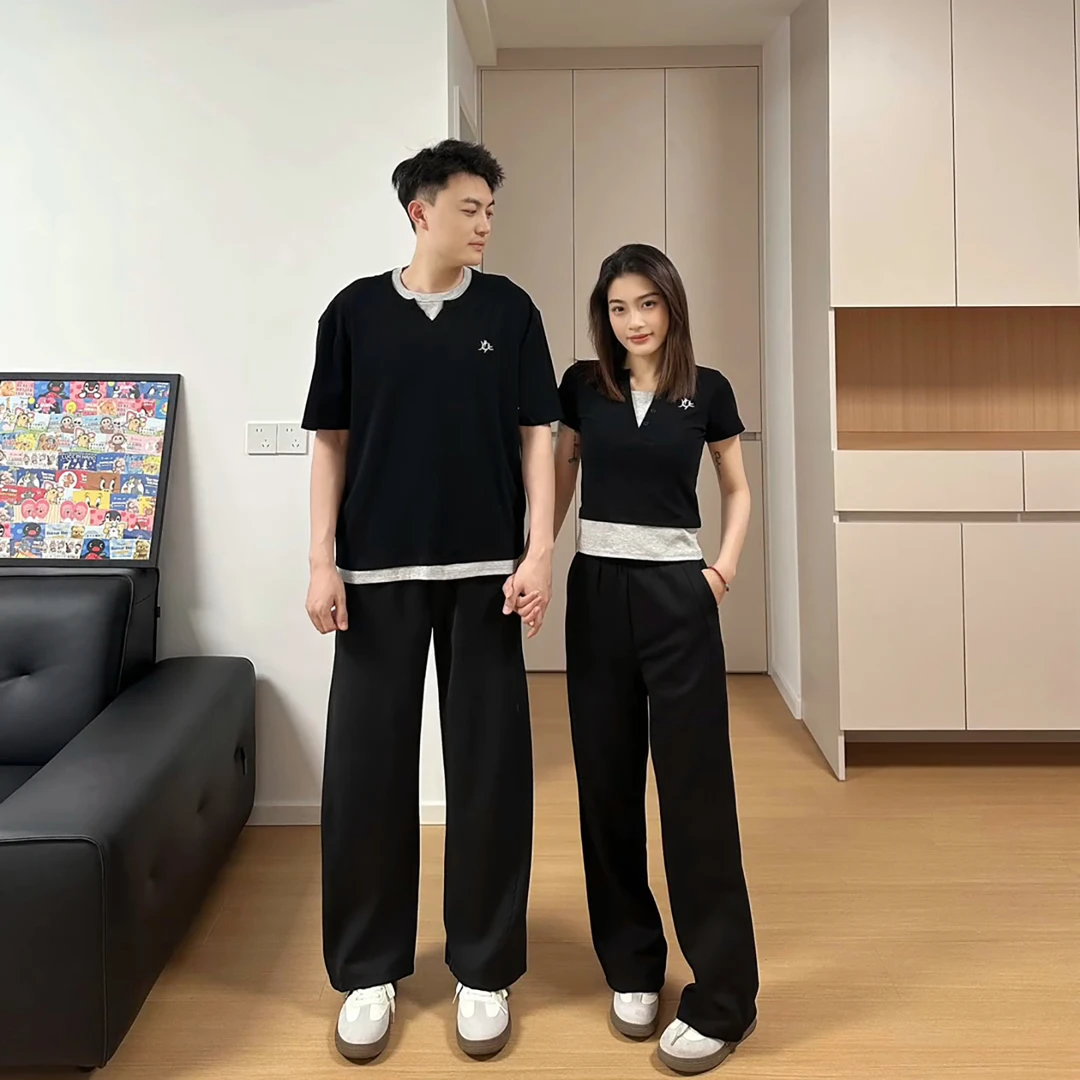 撞色宽松情侣T恤韩版显瘦假两件一长一短夏季短袖潮牌设计感上衣