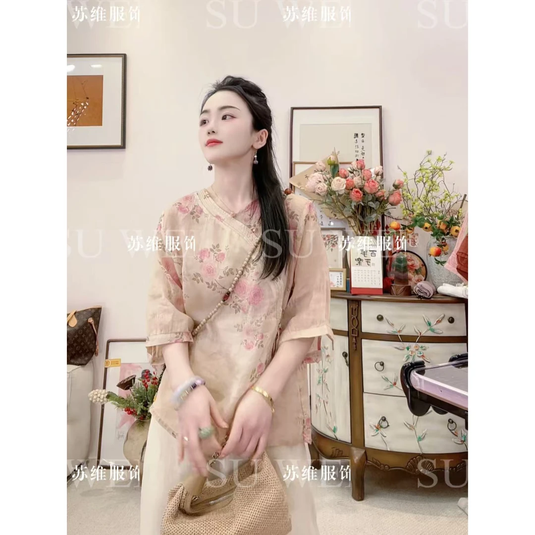 9017显瘦夏季春夏V领气质提花斜襟上衣刺绣印花新中式复古衬衫