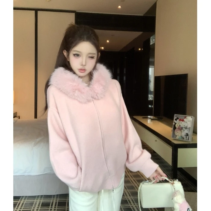 双拉链宽松毛领连帽长袖毛衣外套女秋冬慵懒休闲针织开衫百搭上衣