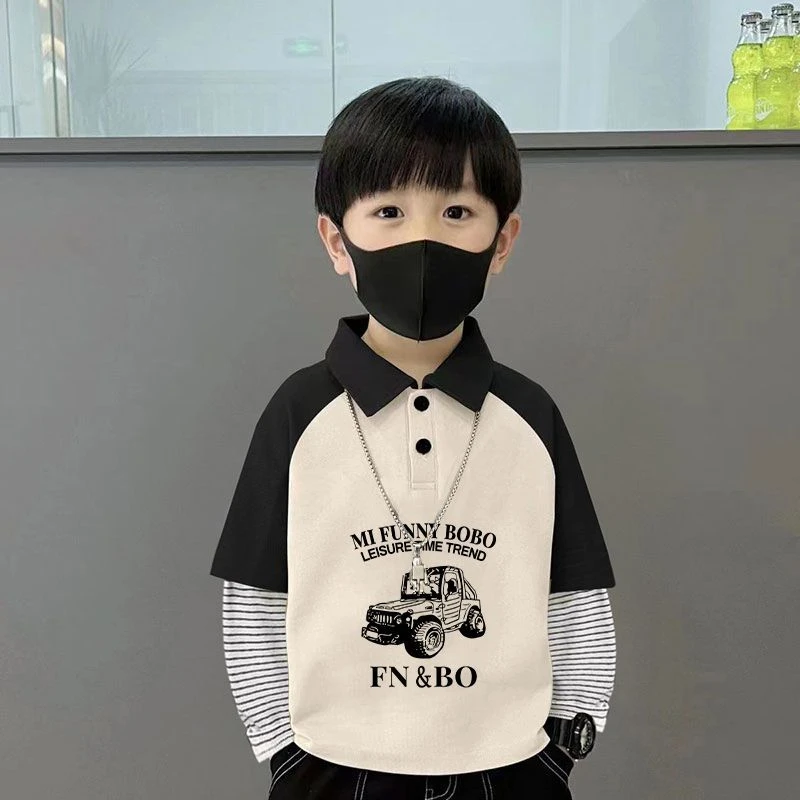 男童韩版潮流长袖POLO衫春秋款上衣儿童中大童洋气假两件拼接打底