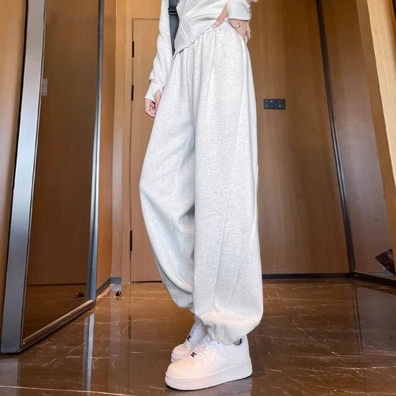 运动卫裤女2025春秋新款白色百搭裤子高腰显瘦休闲宽松束脚哈伦裤