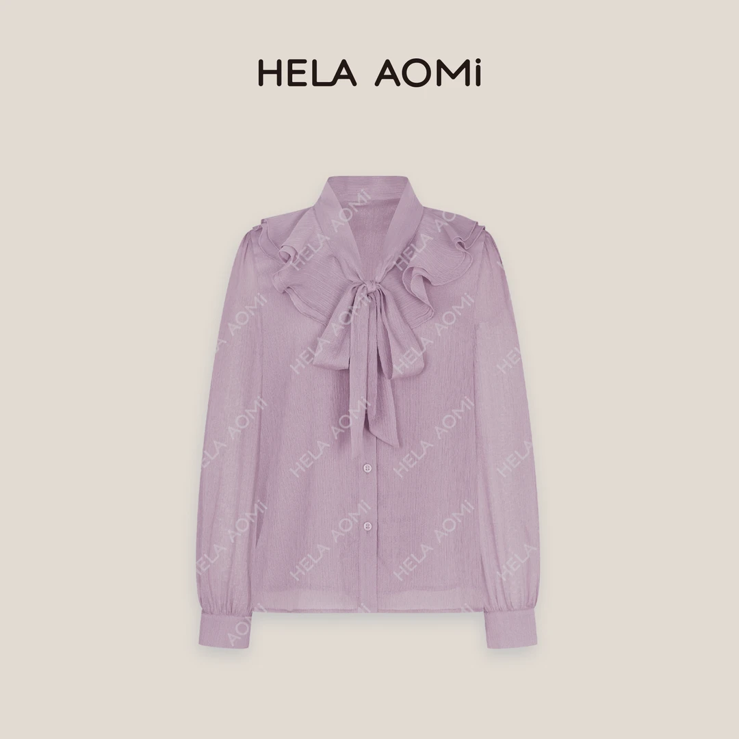 HELAAOMI “香芋紫”减龄宽松显瘦荷叶领飘带洋气时尚长袖衬衫