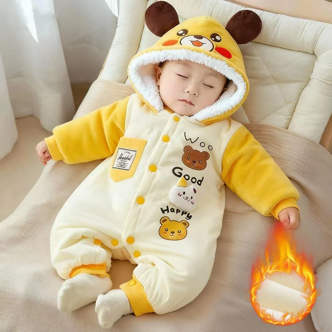 0-2岁婴儿秋冬加厚时尚连体衣新生儿保暖男宝女宝加绒外穿衣棉服
