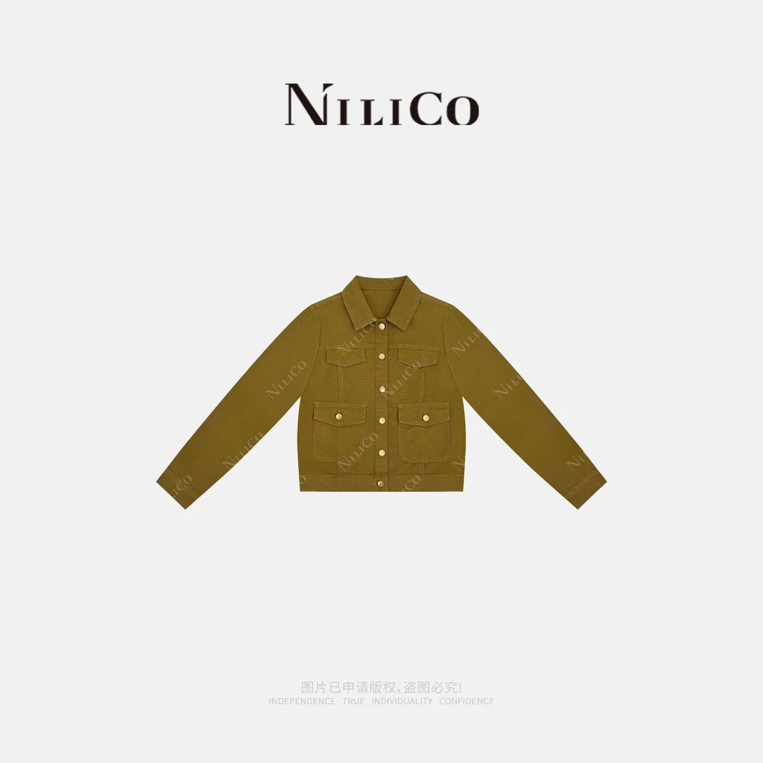 NILICO【云尽秋】翻领气质修身复古正肩时尚短款百搭工装牛仔外套