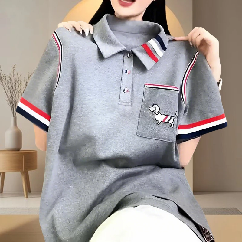 洋气刺绣翻领短袖女t恤2025夏季新款大码胖mm显瘦时尚休闲上衣女
