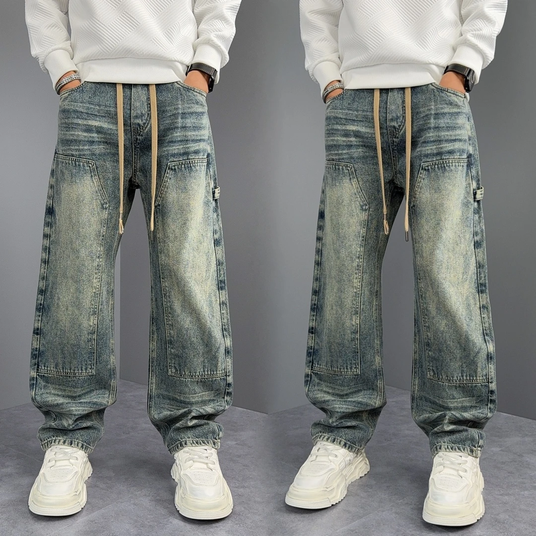 秋季新款水洗牛仔裤男士宽松时尚百搭休闲裤美式复古贴布休闲长裤