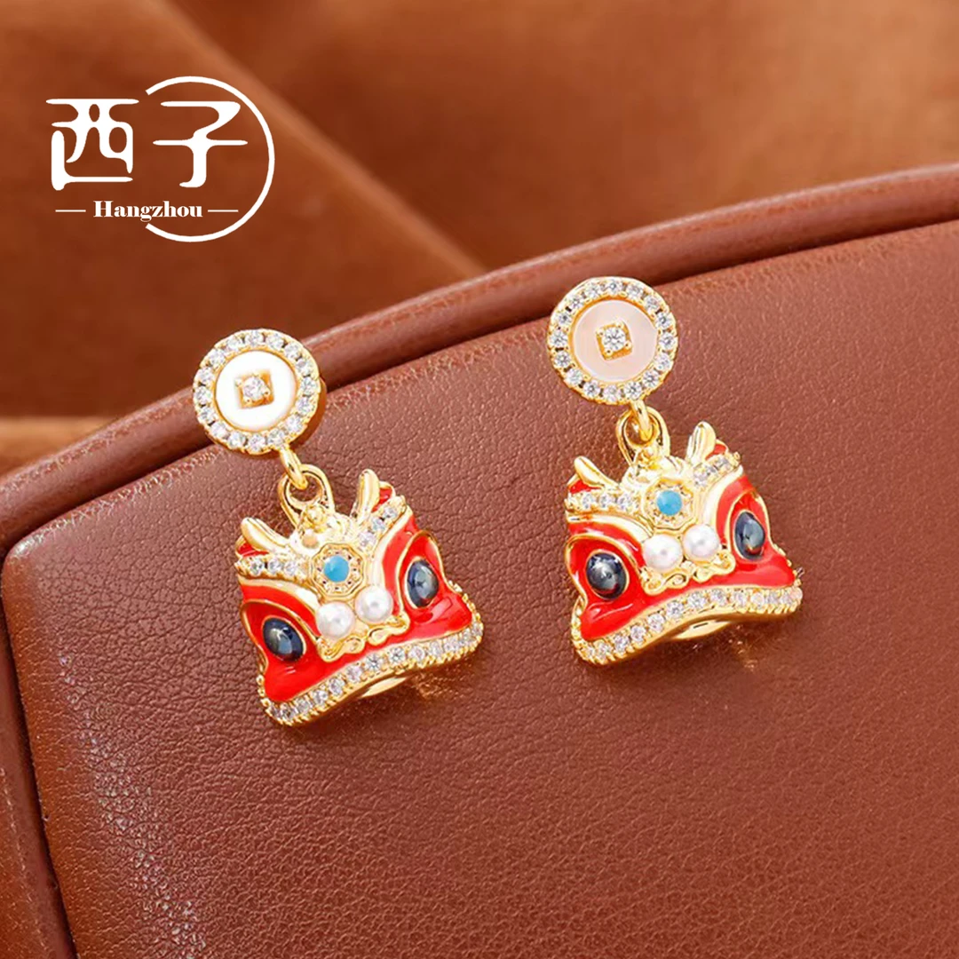 西子饰品镀18K金【国风小醒狮耳坠】S925纯银针30岁上档次饰品女