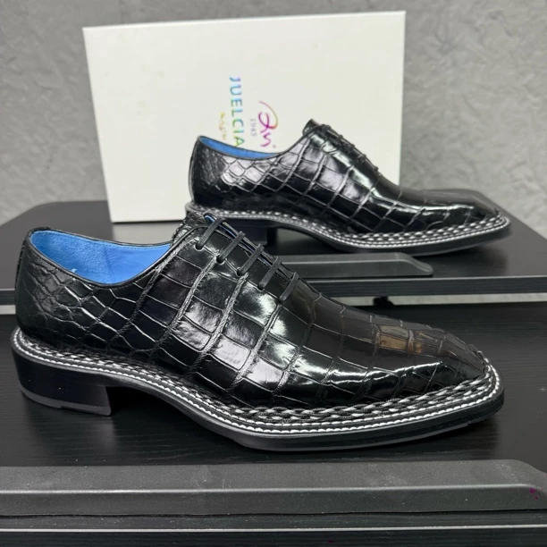尼罗鳄鱼皮一片式八线挪威缝 英伦风透气缝牛津鞋系带耐磨中国风