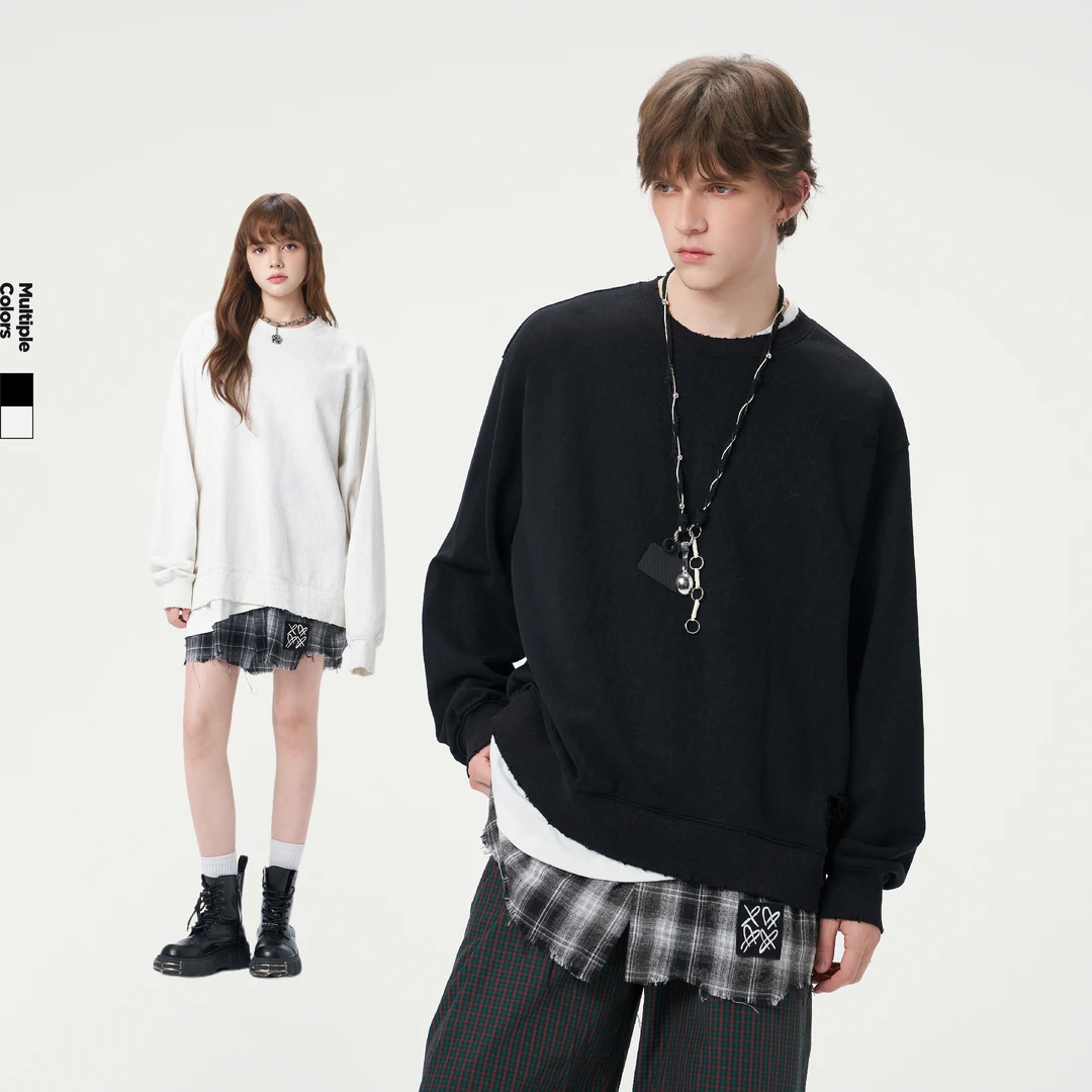 【INXX】美式潮牌叠穿假三件卫衣男街头风设计刺绣上衣女XRF3101296