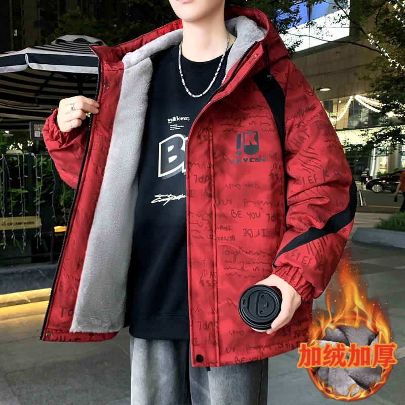 2025新款冬季青少年加绒加厚连帽外套初高中学生帅气宽松大码夹克