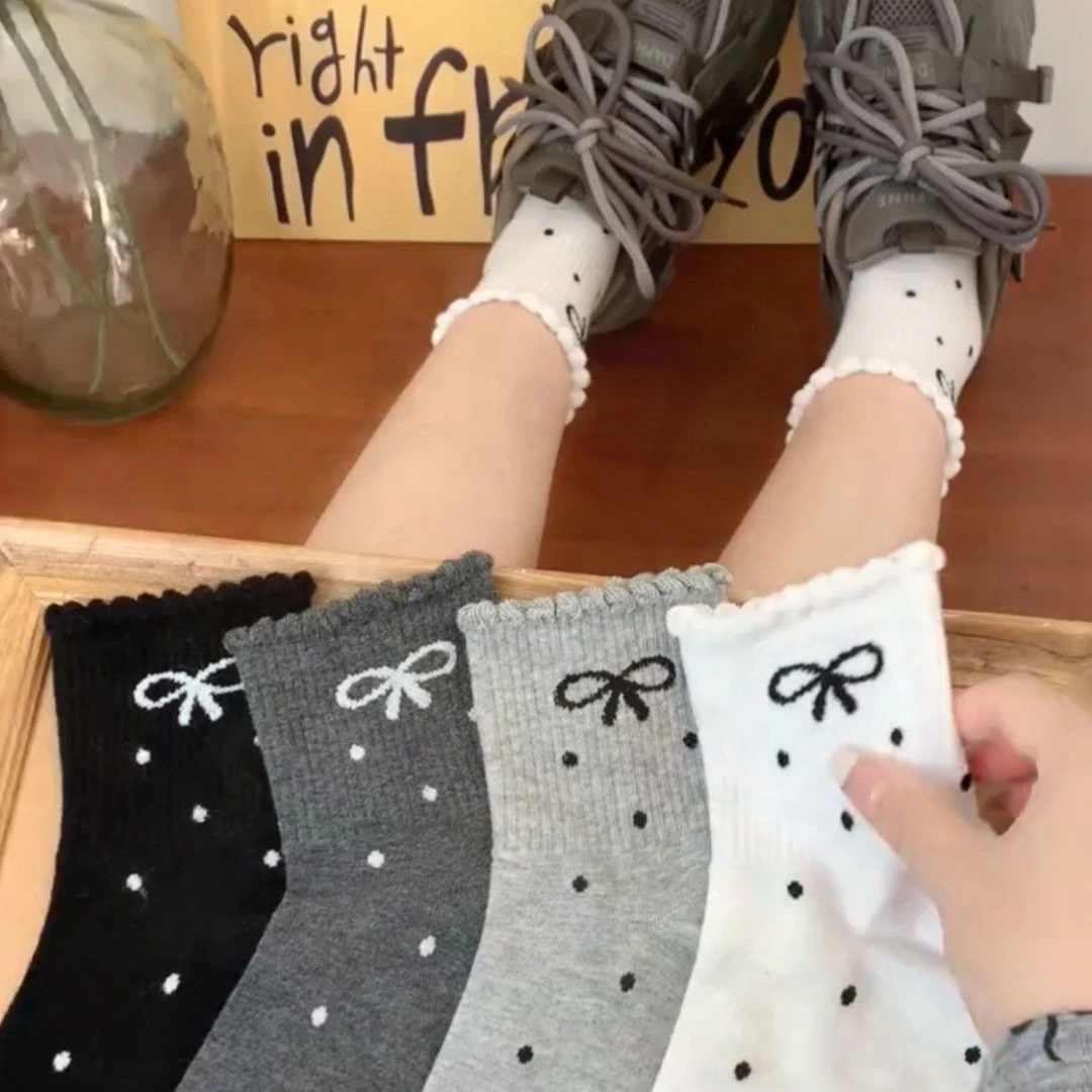 袜子女款波点蝴蝶结女袜四季款miu系堆堆袜长筒袜日系花边中筒袜