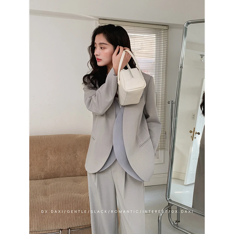 代大喜【薄雾玫瑰】假两件气质优雅灰色休闲拼接西装套装25春季新款